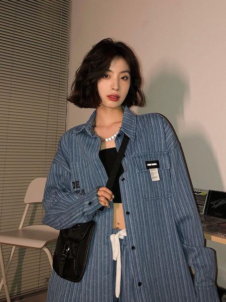 

women's tracksuits blue denim suit summer loose striped shirt coat thin two-piece set, Gray