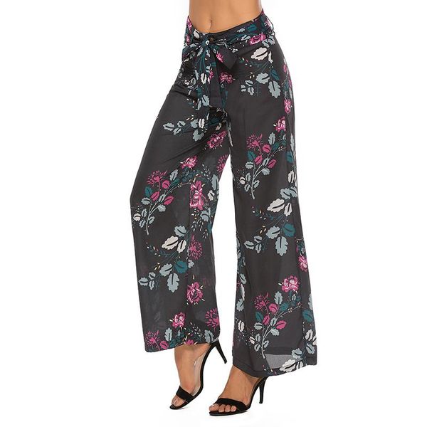 

women's pants & capris 2021 high waist women floral print bandage pleated wide leg chiffon casual great for party daily beach, Black;white