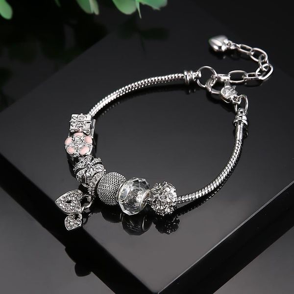 

link, chain silver plated heart pendant threaded chian bracelets for women big beaded queen crown flower on hand party jewelry, Black
