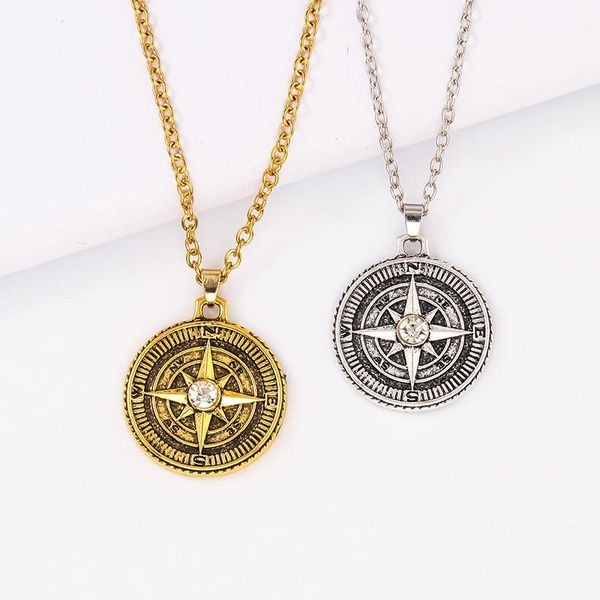 

pendant necklaces retro cross compass necklace vintage puck gold color silver octagon star round for women men jewelry