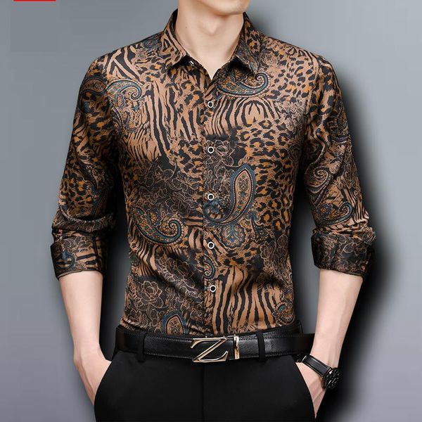 

men's casual shirts leopard printed silk for mens fashion satin vintage cashew flowers clothing large sizes stretch unusual clothes 202, White;black
