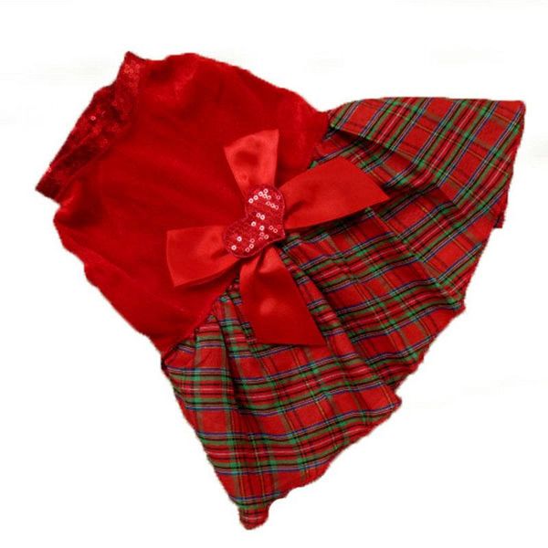 

dog apparel cat dresses christmas princess party red sequins dress clothes pet plaid bow 1