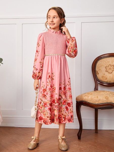 

girls floral bishop sleeve frill shirred dress she, Red;yellow