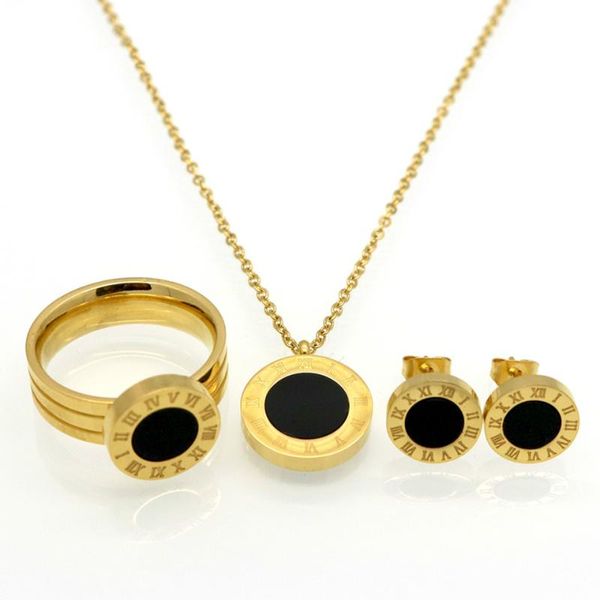 

earrings & necklace fashion women brand jewelry roman letter gold color stainless steel pearl shell wedding sets necklace+earrings+ring, Silver