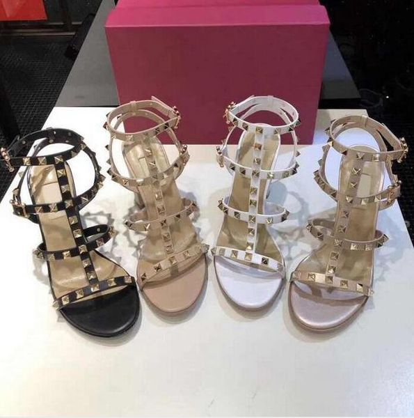 

2021 women leather stud sandals t-strap shoes summer high heels rivets shoe ladies party 6.5cm 9.5cm 14color with box, Black