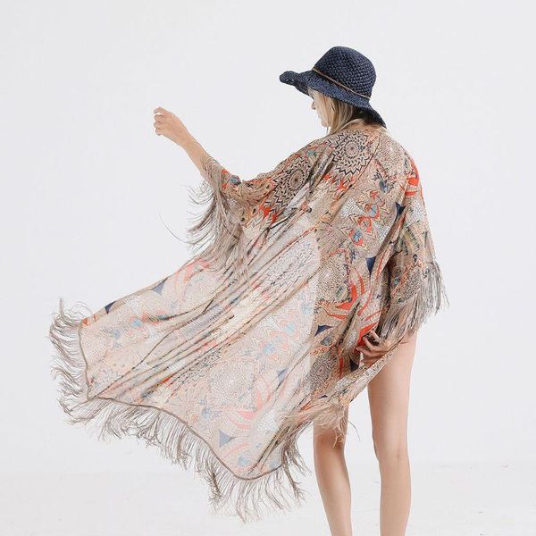 

women's swimwear womens summer half sleeve chiffon cardigan boho retro geometric floral printed fringed tassels patchwork bikini cover, White;black