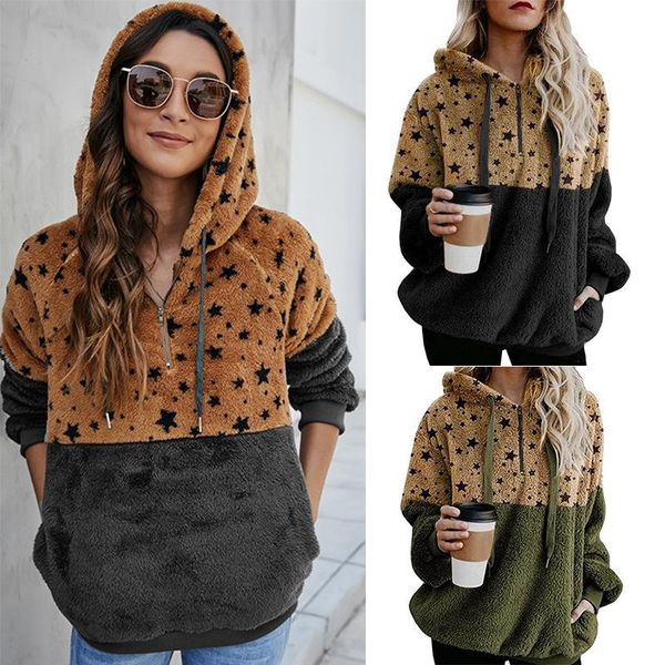 

fall winter women's hooded jacket splicing pullover star long-sleeved shirt fleece loose coat hoodies & sweatshirts, Black