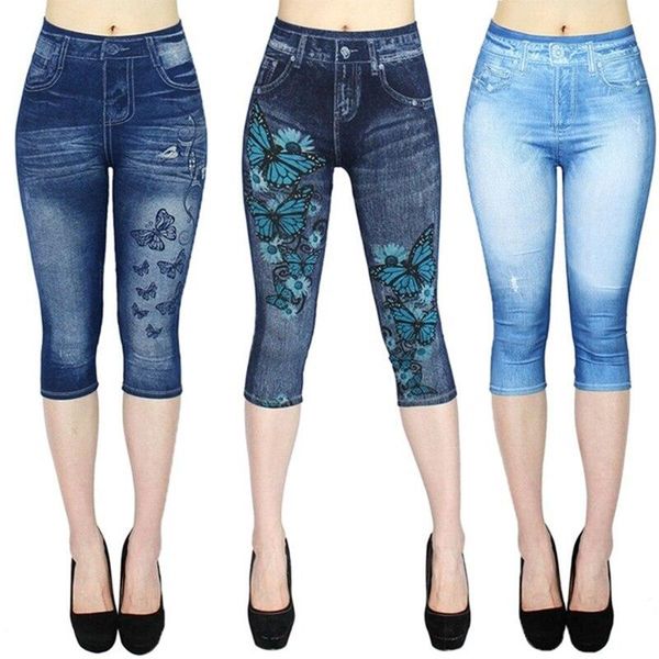 

short leggings pants women high waist summer sport ladies casual gym faux jeans push up workout legging trousers woman clothing, White;black