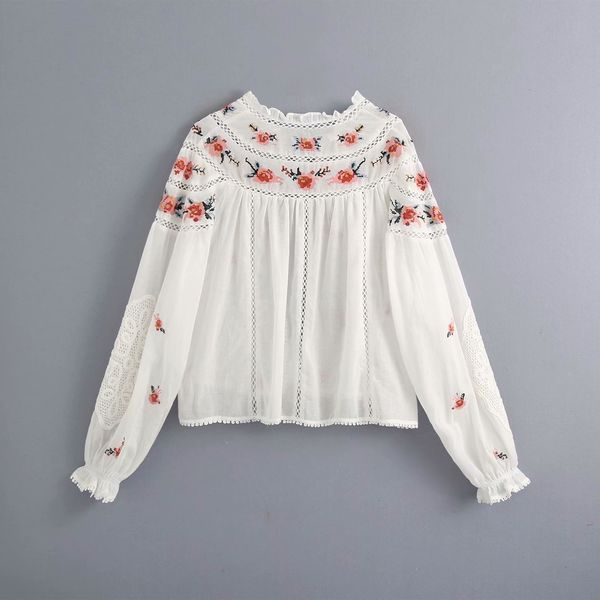 

women blouses clothing ethnic wind flower heavy industry embroidery limit hollowed-out lace-up lantern sleeve shirt, White