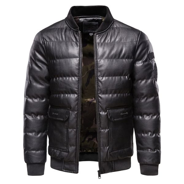 

fall winter cotton-padded men's pu leather jacket casual slim bomber jacket men warm parka mens winter jackets and coats 211129, Black