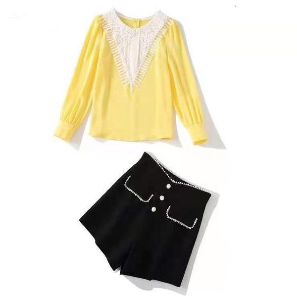 

two piece dress european and american women's wear for spring long-sleeved yellow lace shirt black shorts fashion suits a8n4, White