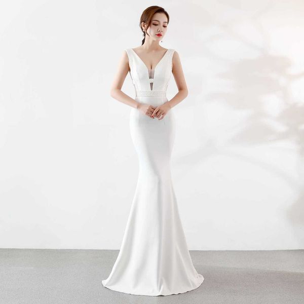 

luxury evening dress 1260-1# evening female celebrity fishtail long host temperament slim v-neck, Black;gray
