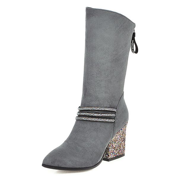

boots annymoli winter mid calf women glitter chunky heel crystal zipper super high shoes lady autumn plus size 33-43 rztx, Black