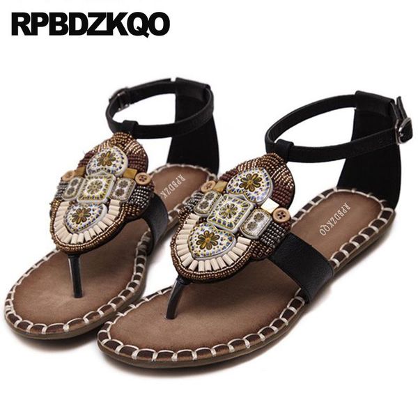 

ethnic thong shoes sandals leisure fashion bohemia style designer embellished beaded beach women flat black summer slingback