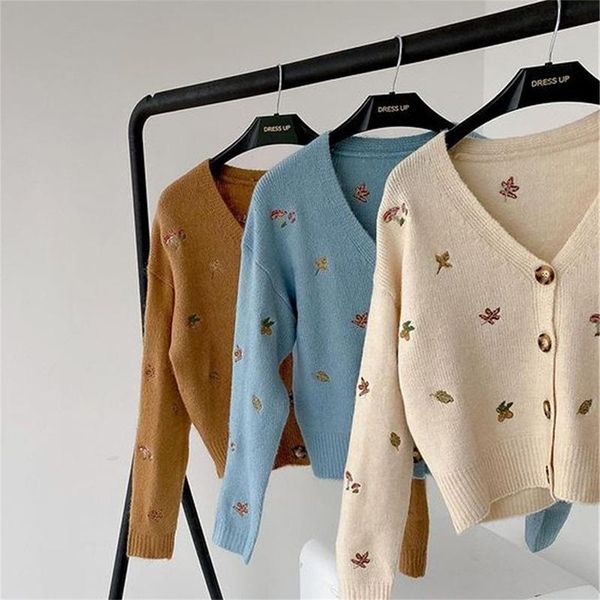 

women's knits & tees floral embroidered cardigan for women knitted v-neck autumn long sleeve women's sweater 2021 casual ladies kni, White