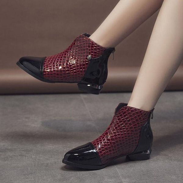 

boots big size 2021 winter women ankle low heels serpentine shoes patchwork embossing booties snake pattern botas mujer 8660l, Black