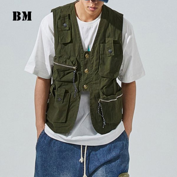 

men's vests multi-pocket casual waistcoat jacket japanese streetwear tooling vest harajuku cargo men clothing kor, Black;white
