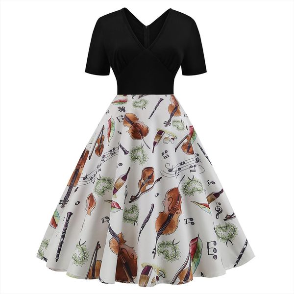 

summer short sleeve v neck women dress splicing vintage print party swing vestido de mujer, Black;gray
