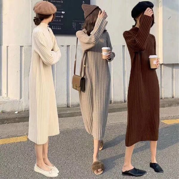 

2021 knitted s women's autumn winter loose wool half high neck thickened korean bottomed knee length skirt, Black;gray