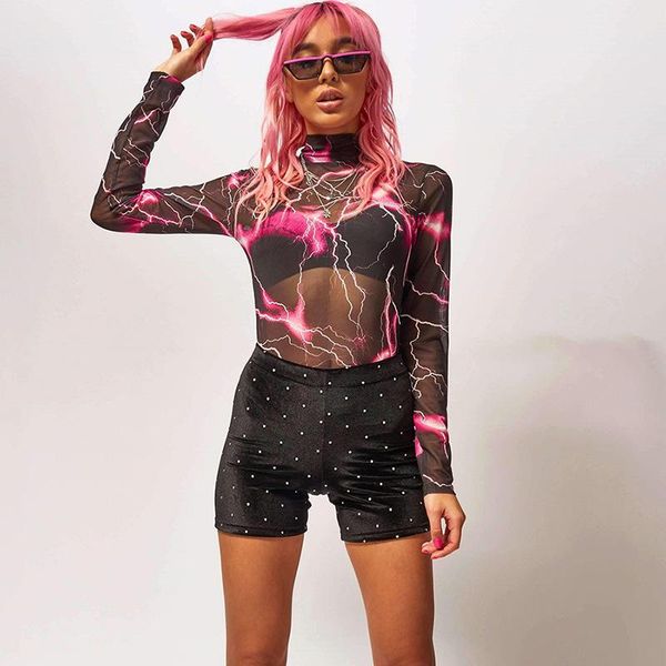 

women's jumpsuits & rompers fashion tie dye print bodycon bodysuits autumn winter 2021women long sleeve o neck skinny party streetwear, Black;white