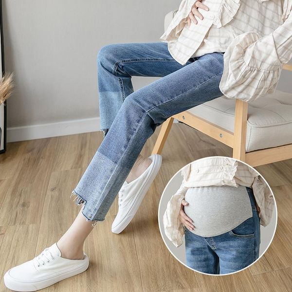 

8908# 2021 spring autumn denim maternity jeans adjustable belly straight pants clothes for pregnant women pregnancy trousers bottoms, White