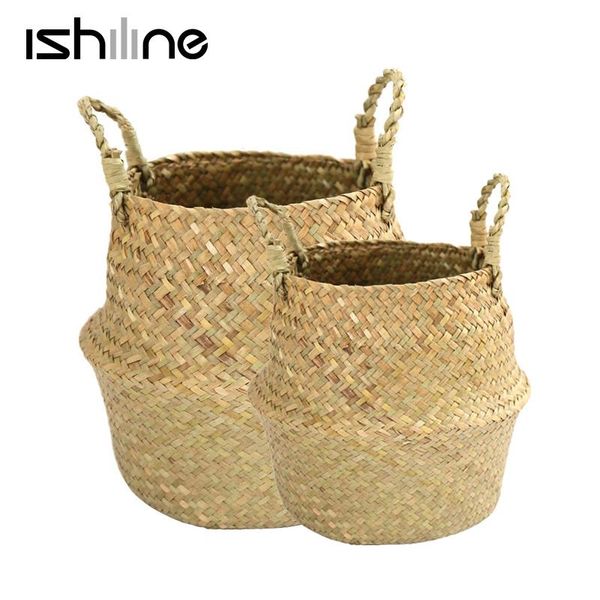 

storage baskets handmade bamboo basket folding clthoes laundry straw wicker rattan seagrass belly garden flower pot plant
