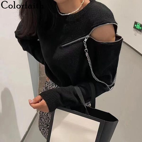 

women's sweaters colorfaith 2021 autunm winter women pullovers zipper cutout vintage fashionable knitted elegant wild sw3112jx, White;black