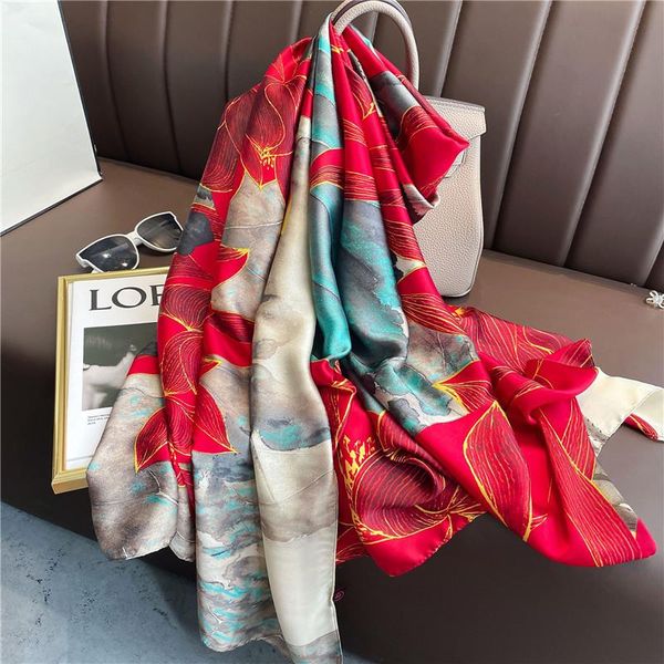 

scarves flower print shawl ladies beach headband long soft chiffon wrap retro silk scarf women simulation pashmina bandana 2021, Blue;gray
