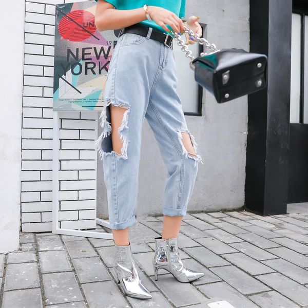

high waist jeans female loose leisure wild light blue knee hole harlan nine pants women's tassel