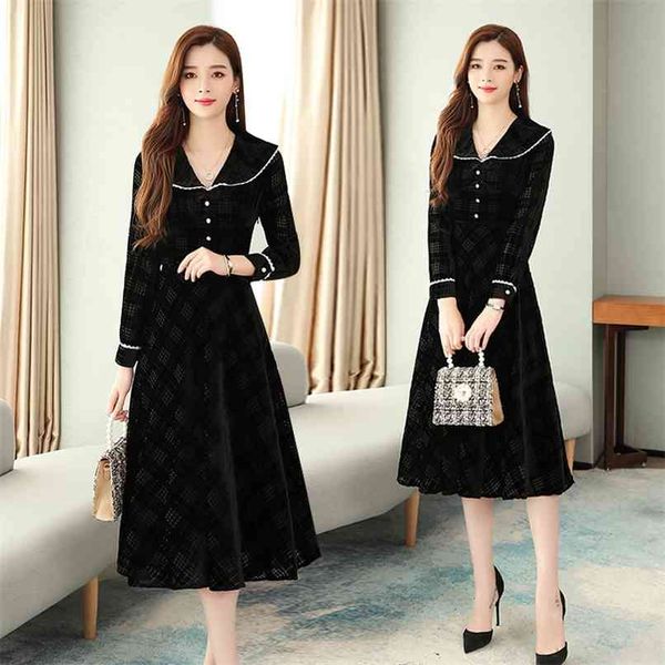 

vintage chic velvet midi dresses autumn winter plus size long sleeve black dress elegant women bodycon party vestidos 210528, Black;gray