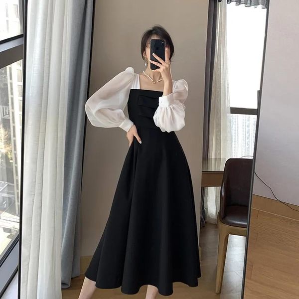 

casual dresses vintage square collar organza patchwork dress women fashion chic lantern sleeve ladies autumn clasic black party, Black;gray