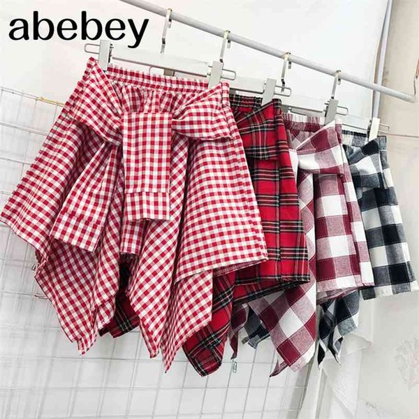 

women's plaid printed skirts irregular summer shirts skirts elastic waist college style mini skirt jupe femme dk6054 210412, Black
