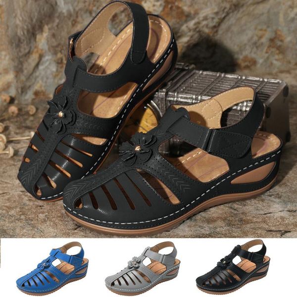 

slippers summer shoe 2021 ladies genuine leather handmade shoes women hook &loop hollow out sandals soft loafers flats casual, Black