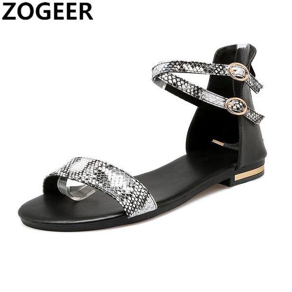 

summer women sandals genuine leather flat heel flip flops casual strap snake print gladiator shoe woman, Black