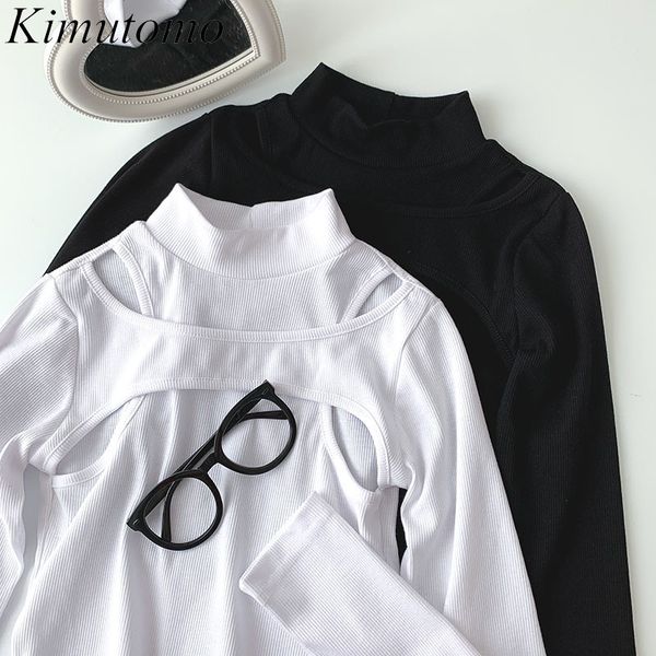

kimutomo long sleeve hollowed out t-shirt women spring korean clothing female half turtleneck solid short casual 210521, White