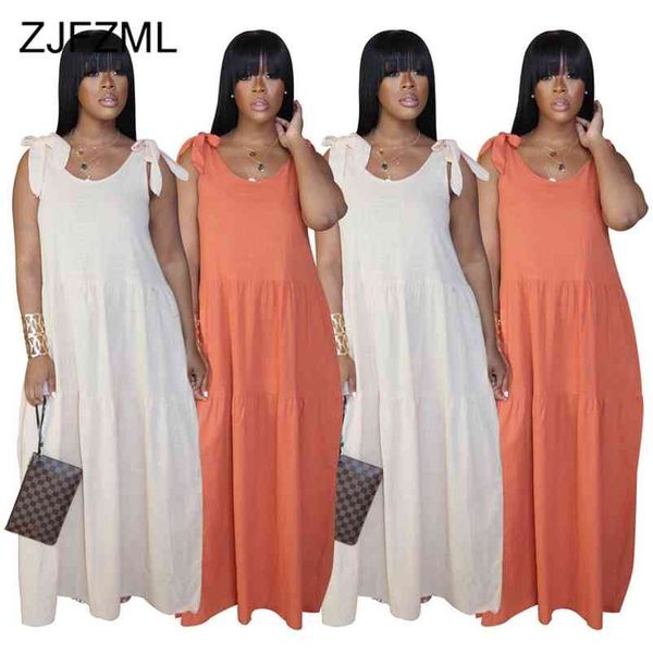 

gradient color print casual bohemian dress women fashion bow tie sleeveless plus size maxi dress summer female loose beach dress 210331, Black;gray