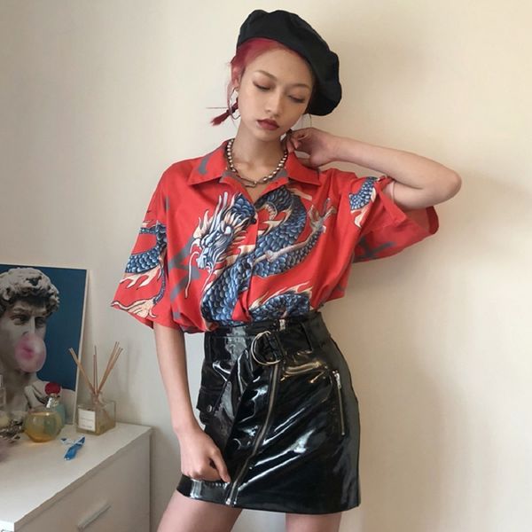 

2021 summer women harajuku blouse women dragon print short sleeve blouses shirts female streetwear kz022, White