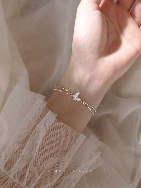 

bracelet: butterfly inlaid with diamond, sterling sier accsori, cool style, simple double-layer hand adornment, women's gift, Golden;silver