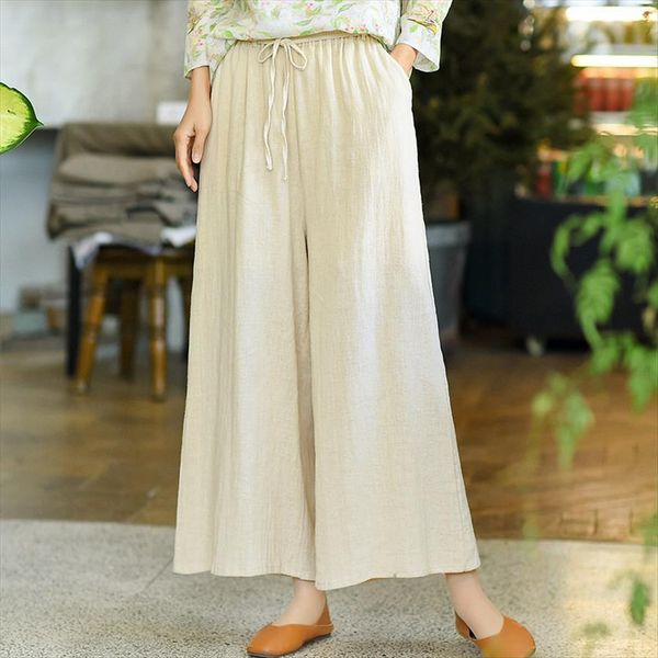 

cotton linen wide leg womens capris elastic waist vintage belt trouser summer solid color loose long, Black;white
