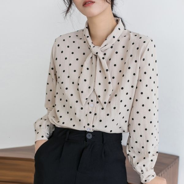 

knits bowtie polka dot women loose casual female plus size blouse lantern sleeve office work wear shirts white