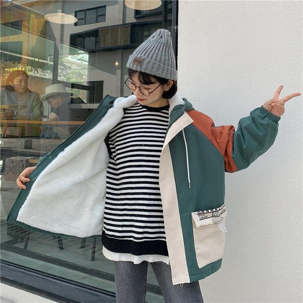 

jacket women lamb fleece winter loose thickened hooded baseball big pocket work casual veste femme streetwear coat women's jackets, Black;brown