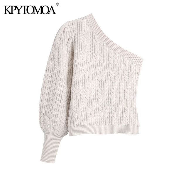

women fashion asymmetric cable-knit sweater vintage crew neck lantern sleeve female pullovers chic 210421, White;black