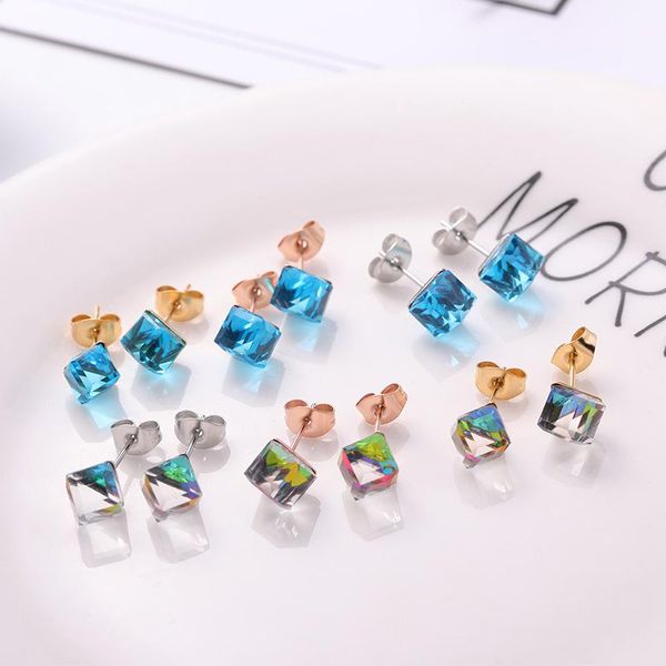 

stud yun ruo fashion cube zircon crystal earring rose gold color woman birthday gift titanium steel jewelry never fade wholesale, Golden;silver