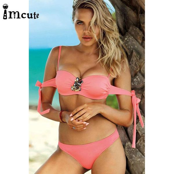 

women's swimwear imcute 2021 2pcs sling bikini set for women pure solid color straps underwear thong 4 styles bathing suit with rhinest, White;black