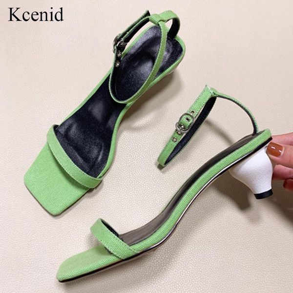 

kcenid chic design canvas shoes woman strange heel pumps white sandals ankle strap strapless open toe green, Black