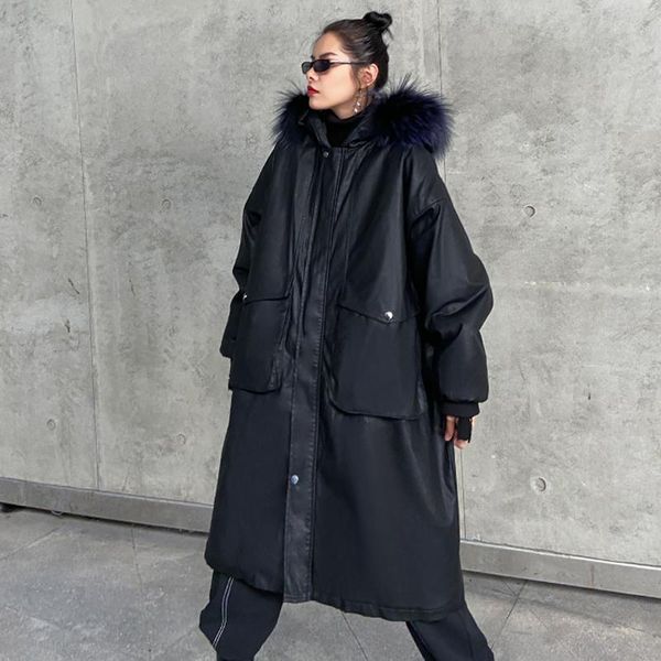 

women's leather & faux women pu jacket fur collar oversize maxi windbreak long padded coat luxury big pocket trench thick winter black