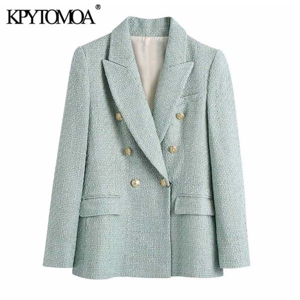 

kpytomoa women fashion tweed double breasted blazer coat vintage long sleeve flap pockets female outerwear chic veste femme 211122, White;black