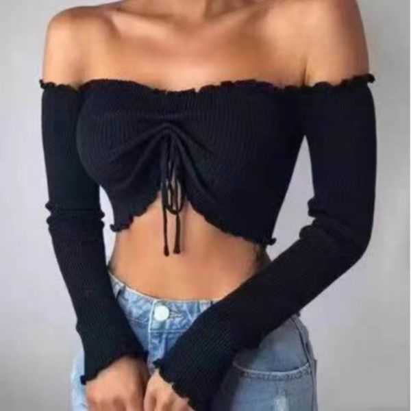 

fashion sweater fine woolen one shoulder long sleeve t-shirt in 2021, White;black