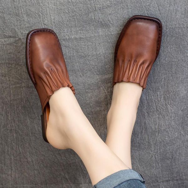

slippers women mules black leather flat heels summer shoes for soft genuine indoor handmade 2021