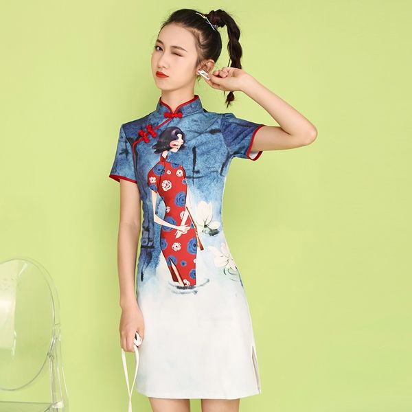 

cheongsam dress 2021 women oriental style dresses printing qi pao cheongsam traditional chinese dress qipao 11536, Red